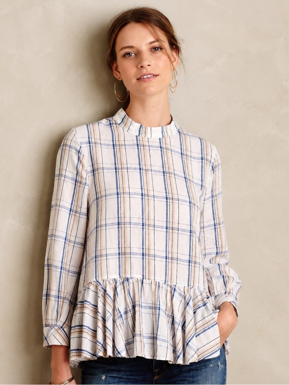 Maeve by Anthropologie Plaid Ruffle Peplum Tunic Top